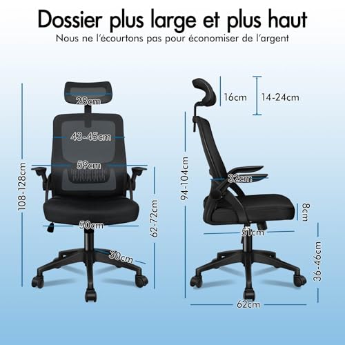 ALFORDSON Chaise de Bureau avec Support Lombaire pour Bureau à Domicile, Chaises D'ordinateur en Maille avec Appui-Tête, Accoudoir Rabattable, Chaise de Bureau Pivotante Inclinable, Noir