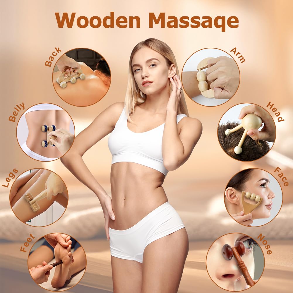 ACWOO Rouleau Massage Bois, 8PCS Ensembles d'outils de Massage en Bois Kit Maderotherapie, Masseur Anti Cellulite Drainage Lymphatique, Masseur Bois de Anti Cellulite Kit Massage Bois Professionnelle
