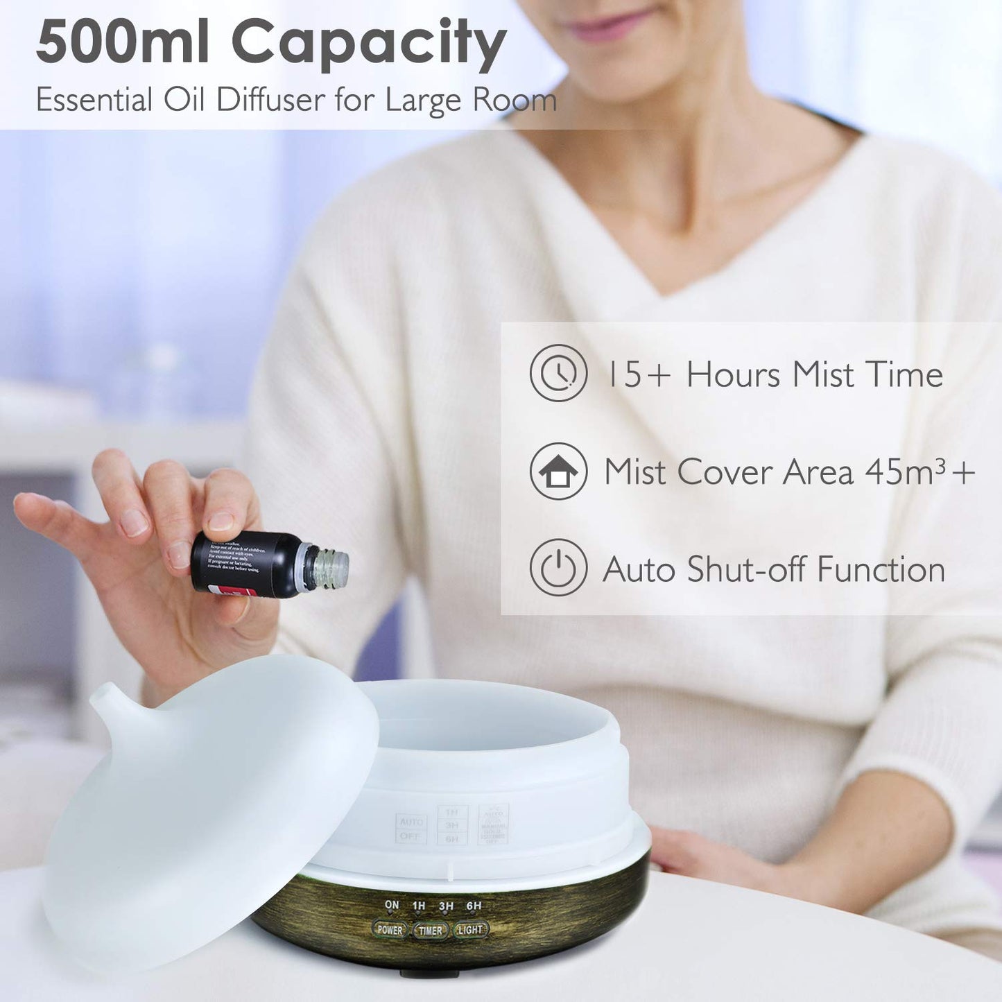SALKING Diffuseur d'Huile Essentielle, 500ml Ultrasonique Diffuseur Huiles Essentielles Electrique, Humidificateur d'air avec 7-Couleurs Changeantes Arrêt Automatique pour Chambre/Spa/Yoga/Massage