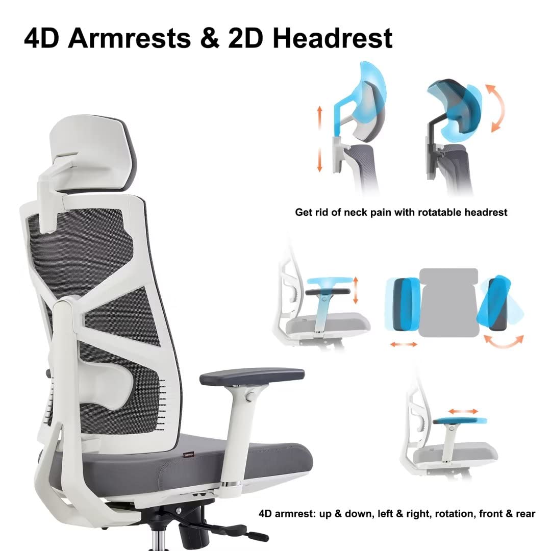 HOLLUDLE Ergonomic Office Chair with Adjustable Backrest, Computer Chair with 4D Armrests, Adjustable Seat Depth, Lumbar Support and 2D Headrest, Task Chair, White
