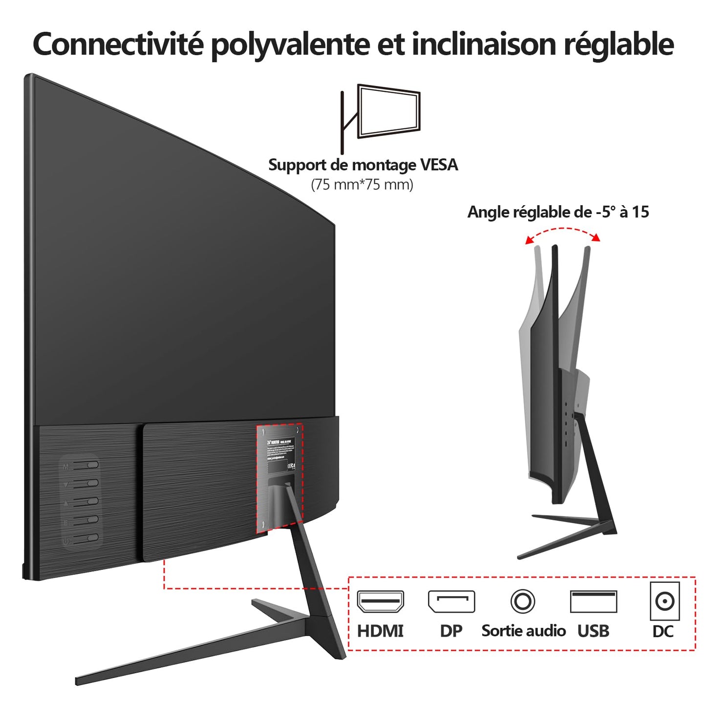 Gawfolk Écran PC 24 Pouces incurvé Gaming Moniteur 180hz, fhd 1080p 1ms sans Lunette, freesync, 100% sRGB,178 ° Angle Vue HDMI DisplayPort, Compatible avec Mural VESA75*75MM - Noir