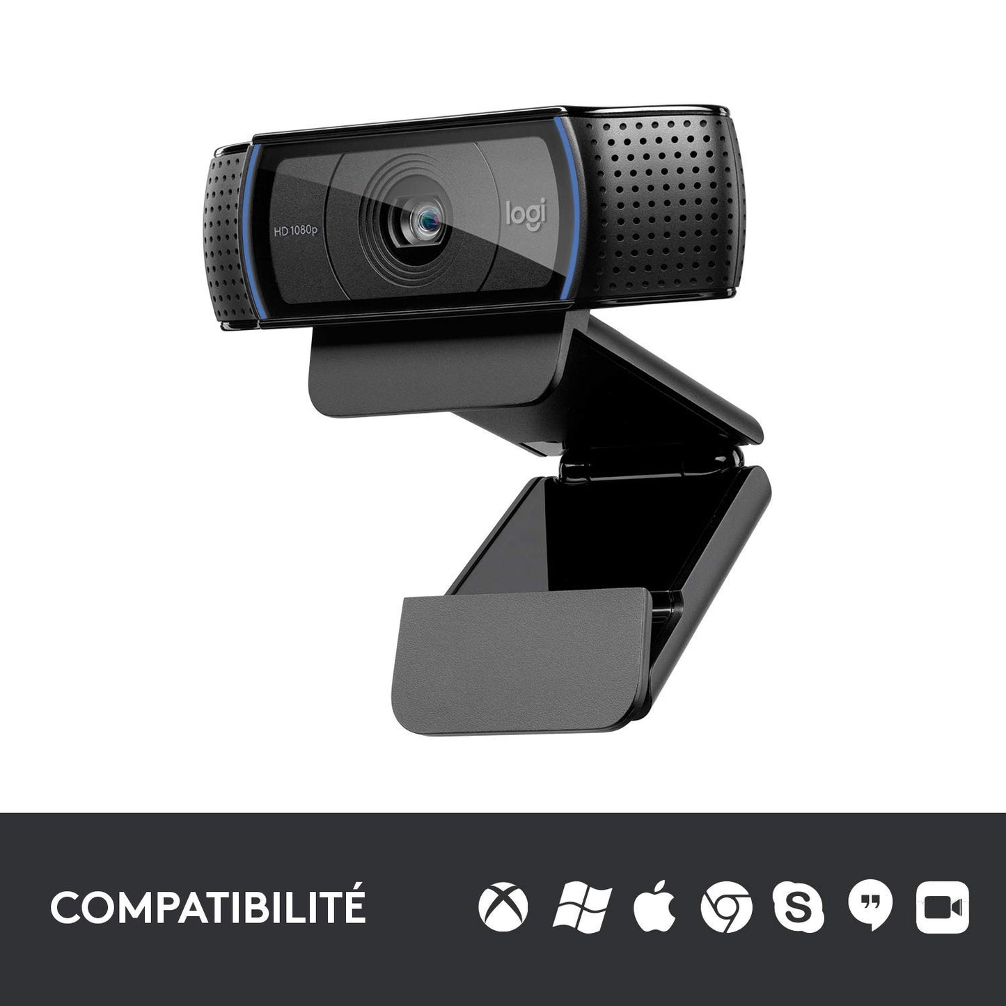 Logitech Webcam C920 HD Pro, Appels et Enregistrements Vidéo Full HD 1080p, Webcam Streaming, Deux Microphones, Petite, Agile, Réglable, PC/Mac/Portable/Tablette/Chromebook - Noir