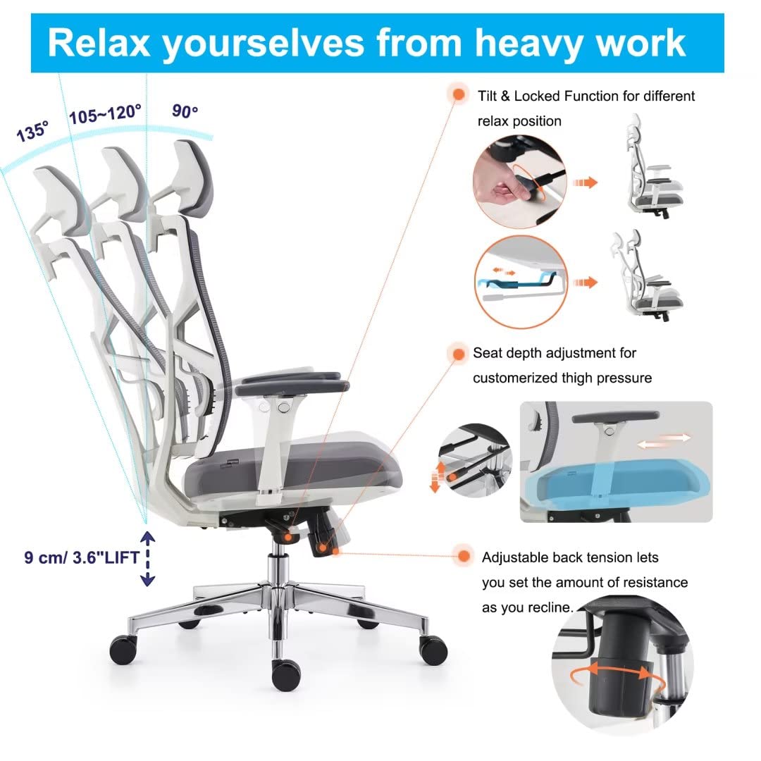 HOLLUDLE Ergonomic Office Chair with Adjustable Backrest, Computer Chair with 4D Armrests, Adjustable Seat Depth, Lumbar Support and 2D Headrest, Task Chair, White