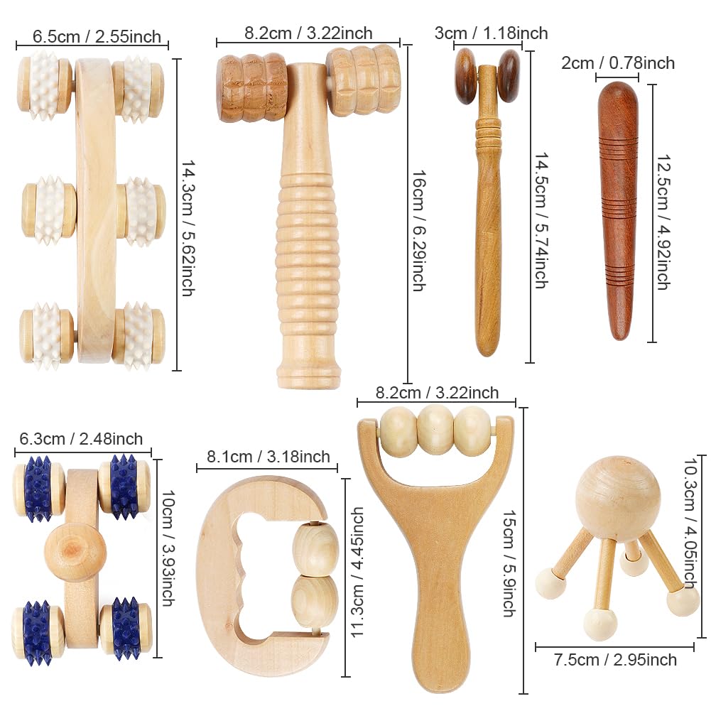 ACWOO Rouleau Massage Bois, 8PCS Ensembles d'outils de Massage en Bois Kit Maderotherapie, Masseur Anti Cellulite Drainage Lymphatique, Masseur Bois de Anti Cellulite Kit Massage Bois Professionnelle