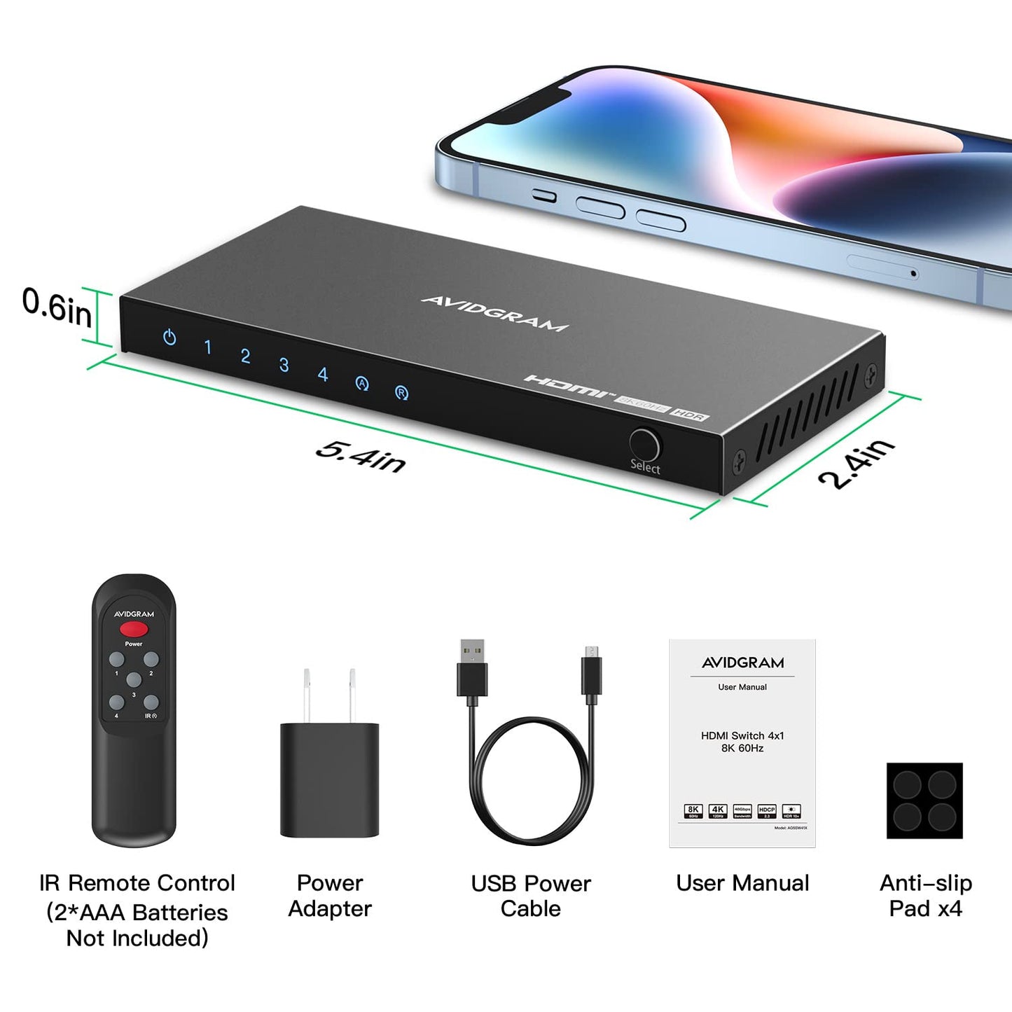 HDMI 2.1 Switch 8K 60Hz, AVIDGRAM HDMI Commutateur 4 entrées 1 Sortie avec IR télécommande, 4 Port 4K 120Hz Auto HDMI Selector Hub Support 8K 48Gbps pour Xbox Series X PS4 Pro PS5 UHD TV