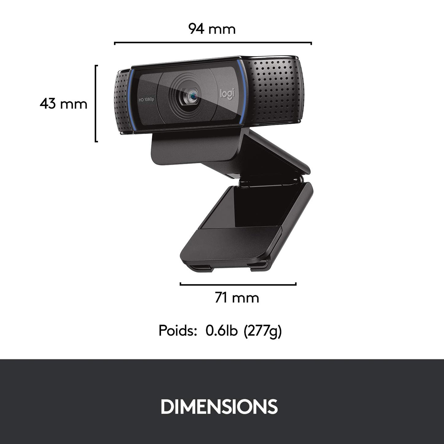 Logitech Webcam C920 HD Pro, Appels et Enregistrements Vidéo Full HD 1080p, Webcam Streaming, Deux Microphones, Petite, Agile, Réglable, PC/Mac/Portable/Tablette/Chromebook - Noir