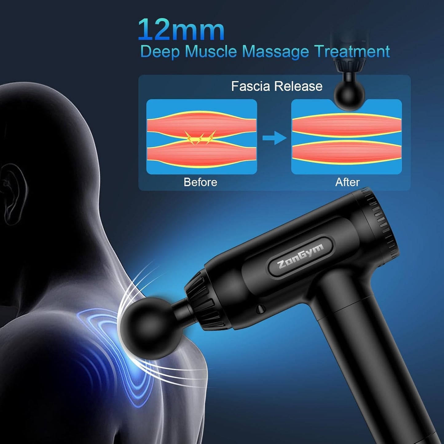 Pistolet de Massage Handheld Masseur Musculaire 30 Niveaux Réglables 6 Têtes de Massage Gun Super Silencieux LCD Masseur pour Récupération Relaxation Soulager Douleurs et Raideurs(Noir)