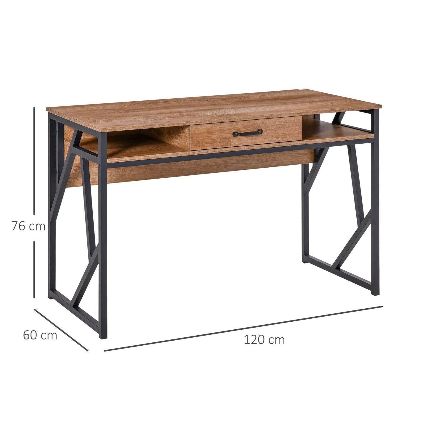 HOMCOM Bureau Style Industriel dim. 120L x 60l x 76H cm tiroir + 2 niches piètement métal Noir Plateau Aspect Bois Noyer