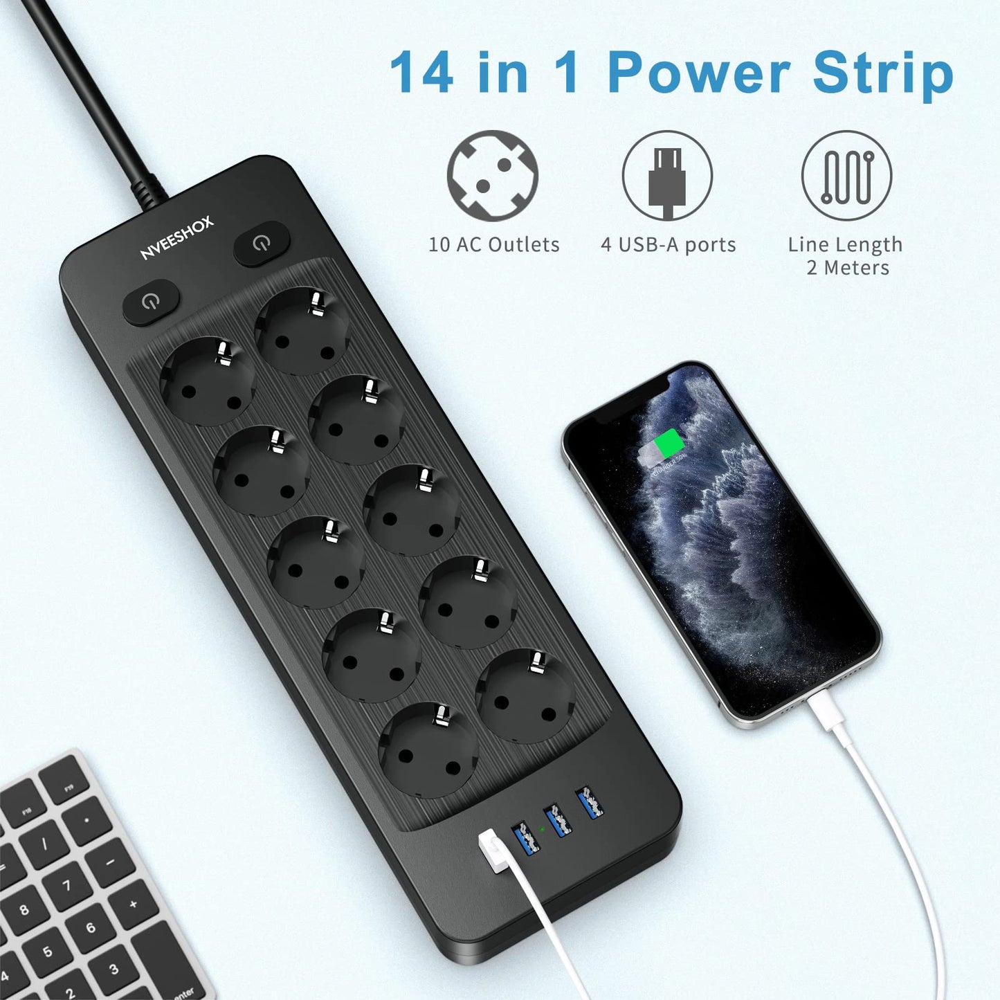 NVEESHOX Multiprise Electrique (16A/4000W), Multiprise 10 Prises avec 4 Ports USB, Bloc Multiprise Parafoudre et Surtension avec Interrupteur, Câble 5Mpour Maison Bureau,Noir