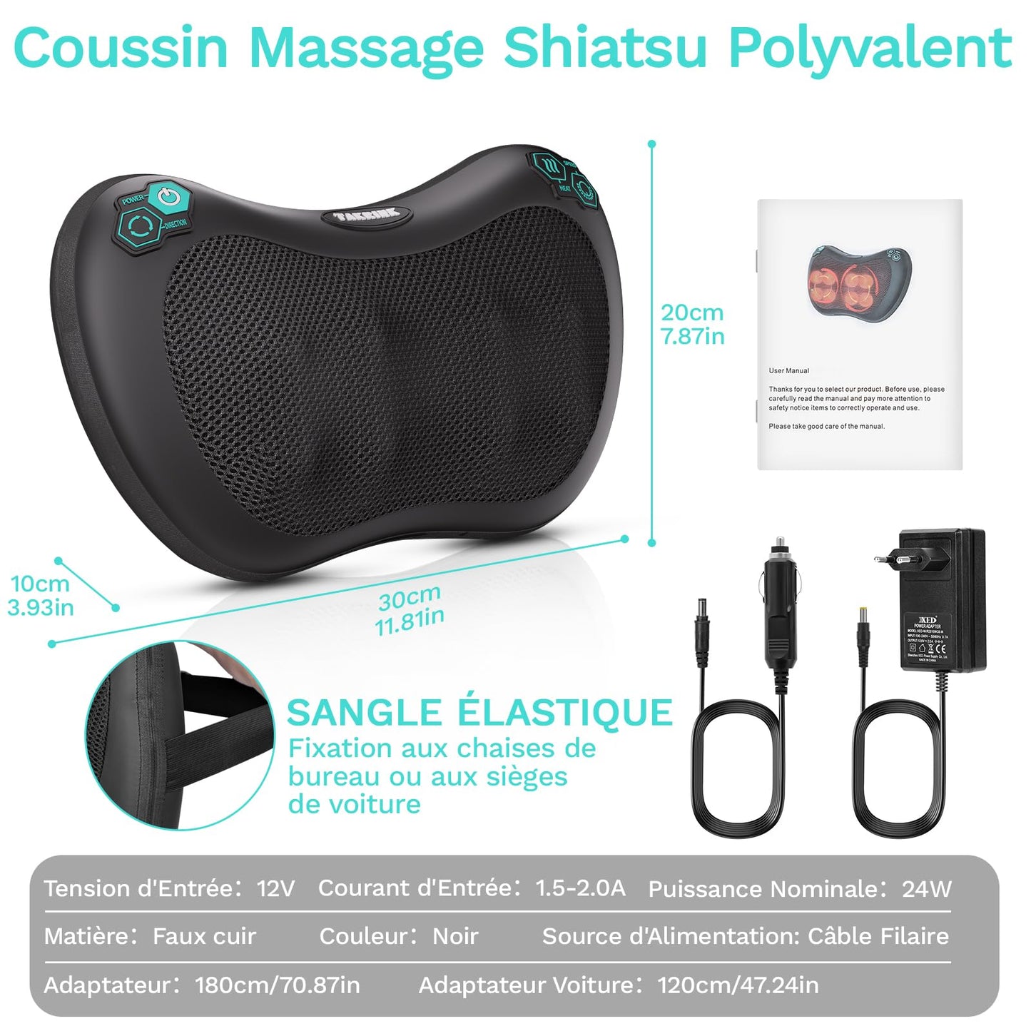 TAKRINK Coussin de Massage Shiatsu 8 Nœuds 3 Vitesses Réglables Rotation Bidirectionnelle Appareil de Massage pour Cou et Cervical Idéal Cadeau Anniversaire Homme Femme