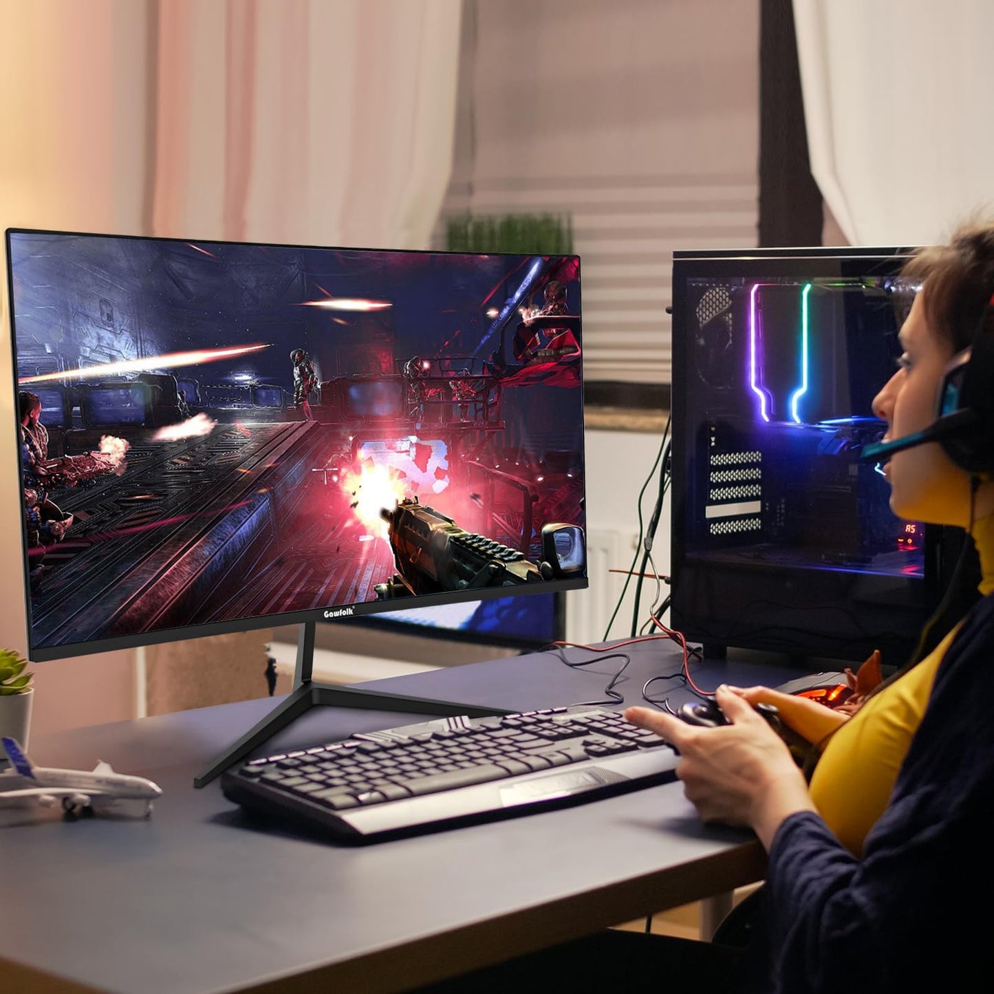 Gawfolk Écran PC 24 Pouces incurvé Gaming Moniteur 180hz, fhd 1080p 1ms sans Lunette, freesync, 100% sRGB,178 ° Angle Vue HDMI DisplayPort, Compatible avec Mural VESA75*75MM - Noir