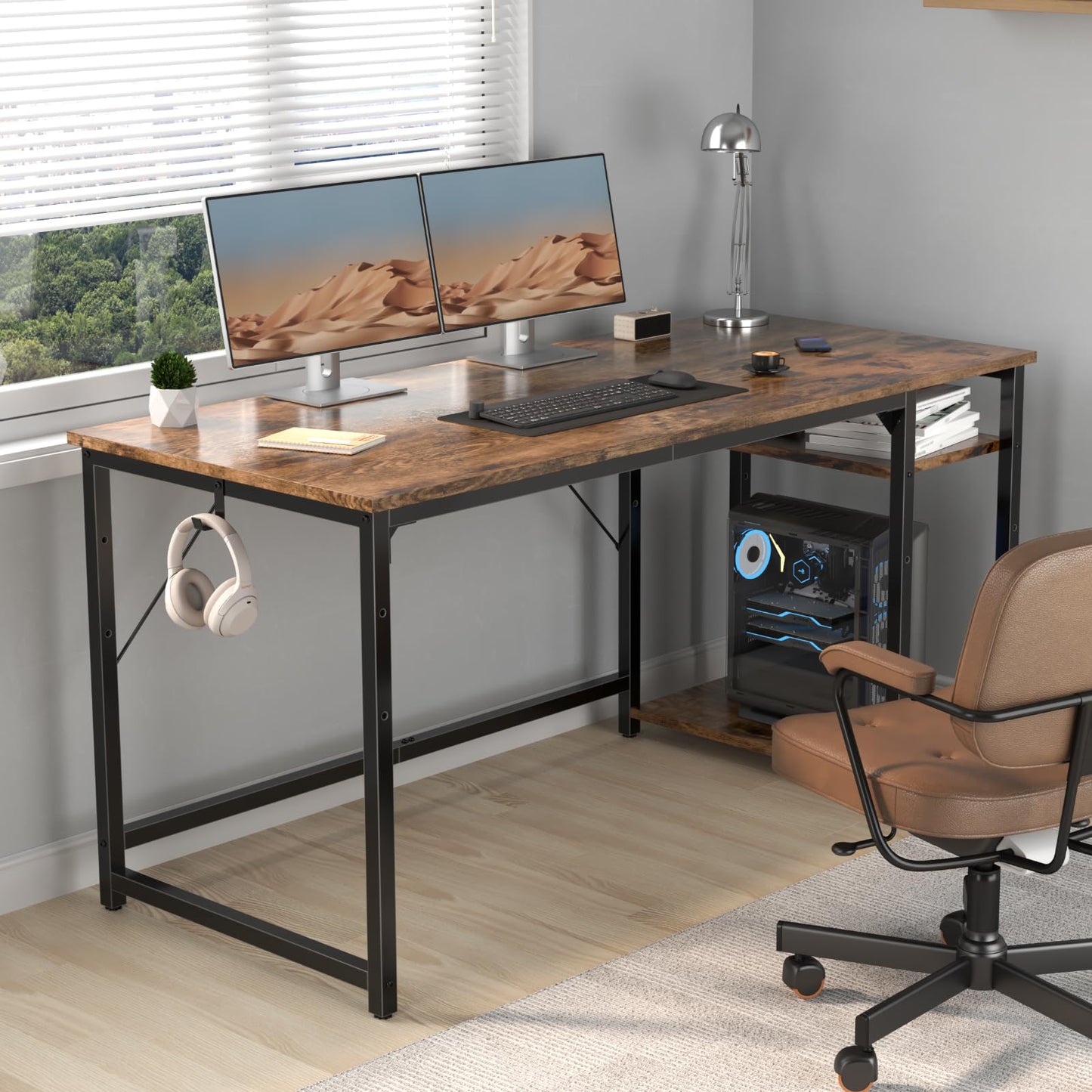 Airfish Bureau 140cm avec 2 Étagères Réglable, Petit Bureau d'Ordinateur Réversible à Gauche et à Droite, Postes de Travail Informatiques pour Domicile, Marron