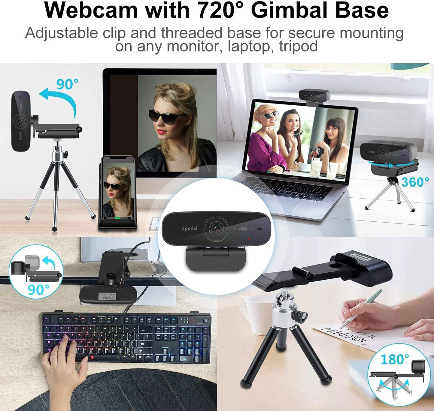 Spedal Webcam 1080P 60fps, Double Microphones Stéréo, Autofocus Live Streaming Caméra Web pour Skype Facebook OBS XSplit, Webcam Compatible avec Linux Mac OS Windows 10/8/7