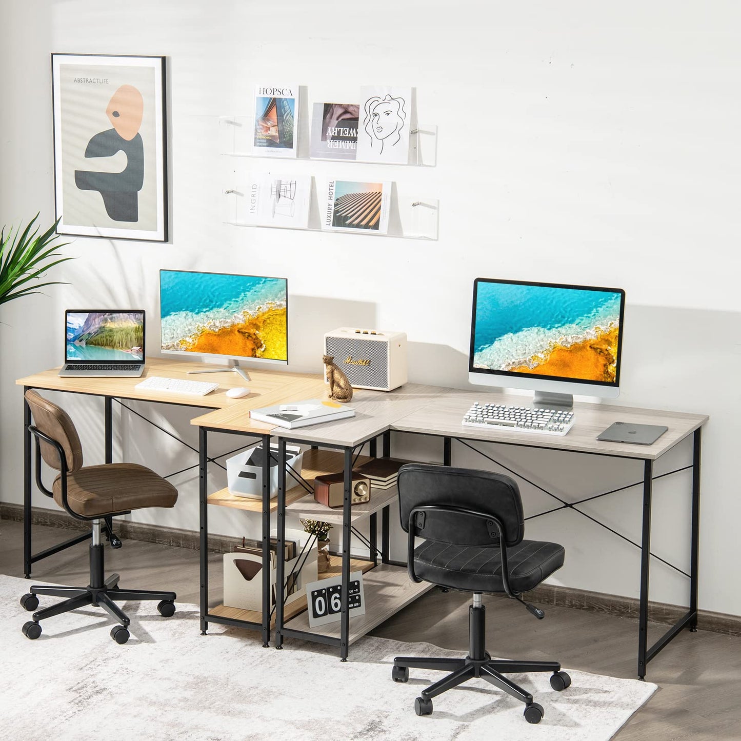 COSTWAY Bureau d'angle en Forme L Réversible, Poste de Travail avec Étagères de Rangement, Assemblage Facile, Peu Encombrant, pour Maison, Bureaux, 120 x 88 x 74,5 cm (Naturel)