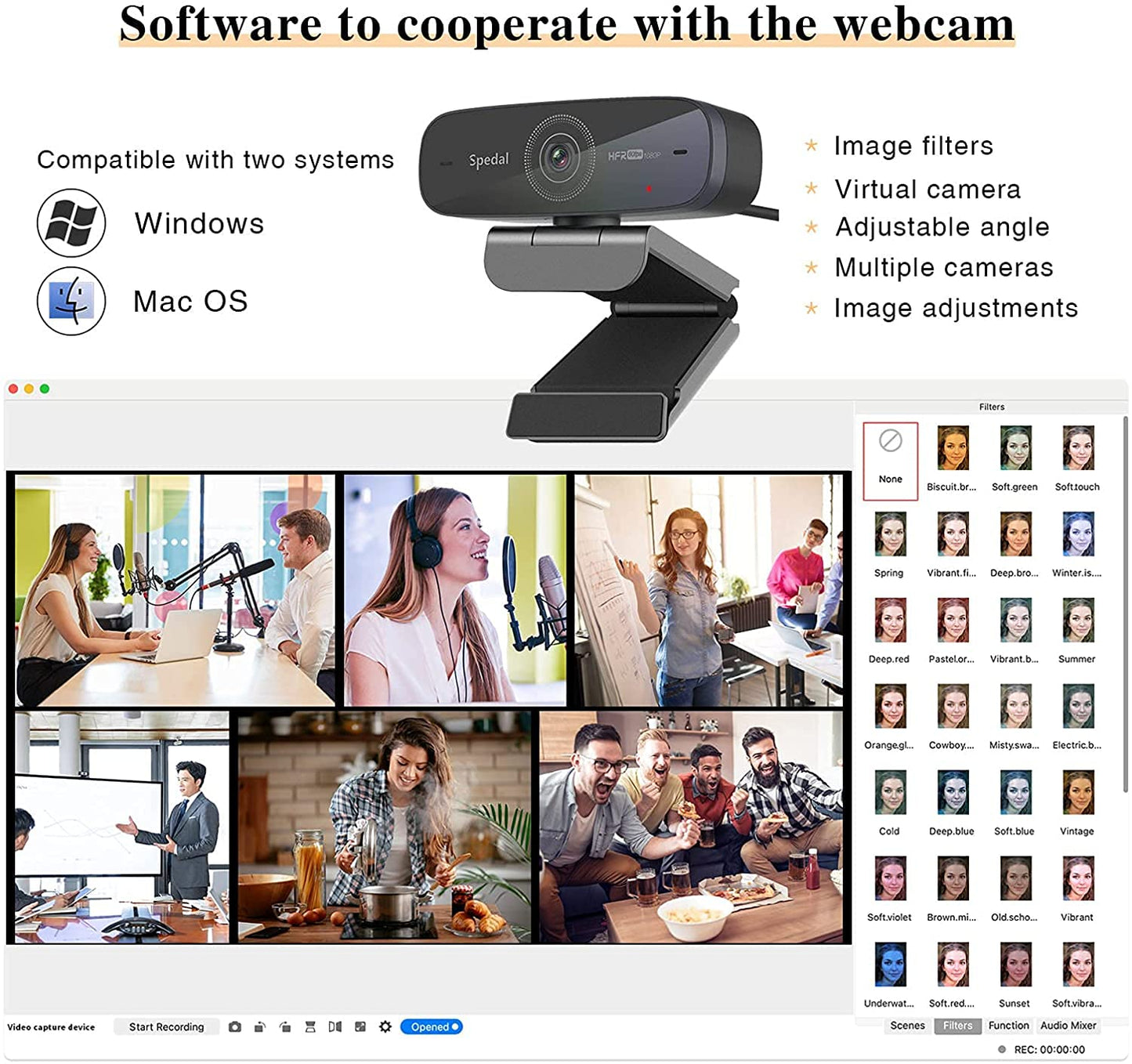 Spedal Webcam 1080P 60fps, Double Microphones Stéréo, Autofocus Live Streaming Caméra Web pour Skype Facebook OBS XSplit, Webcam Compatible avec Linux Mac OS Windows 10/8/7