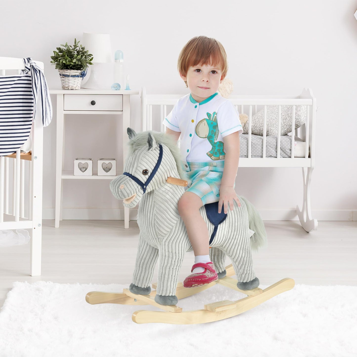 HOMCOM Cheval à Bascule pour Enfant, Jouet à Bascule en Peluche, en Forme de Cheval, à Effets sonores, avec poignées, pédale, pour 36-72 Mois, 73L x 35l x 64H cm, Gris et Blanc