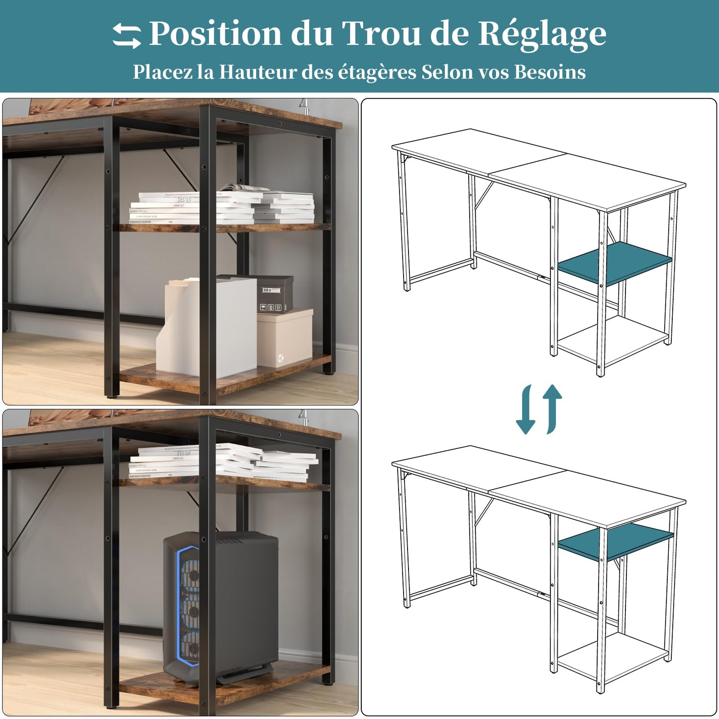 Airfish Bureau 140cm avec 2 Étagères Réglable, Petit Bureau d'Ordinateur Réversible à Gauche et à Droite, Postes de Travail Informatiques pour Domicile, Marron