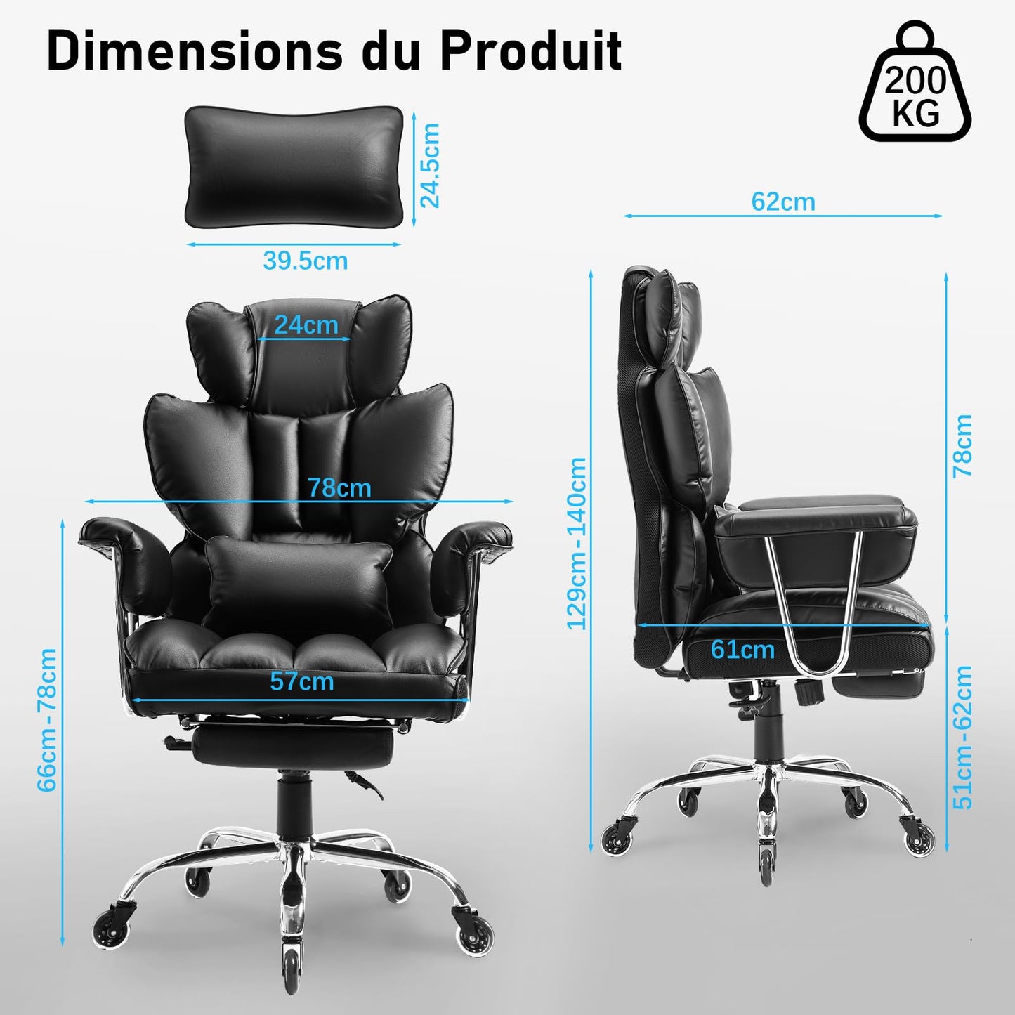 Fauteuil de Bureau, Chaise Ergonomique Gaming avec Repose-pieds Rétractable, Chaise de Bureau Confortable avec Roulettes en Caoutchouc et Coussins Lombaires, Fauteuil de Direction 200 kg (Noir)