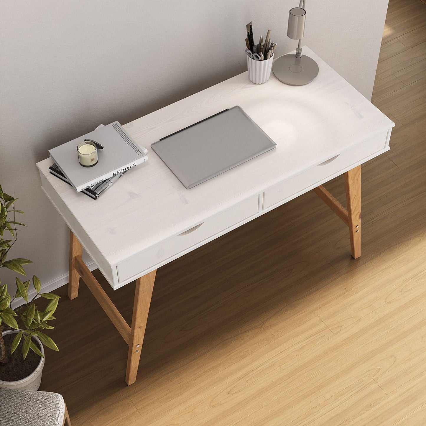 IDIMEX Bureau Milo en pin Massif lasuré Blanc avec 2 tiroirs de Rangement