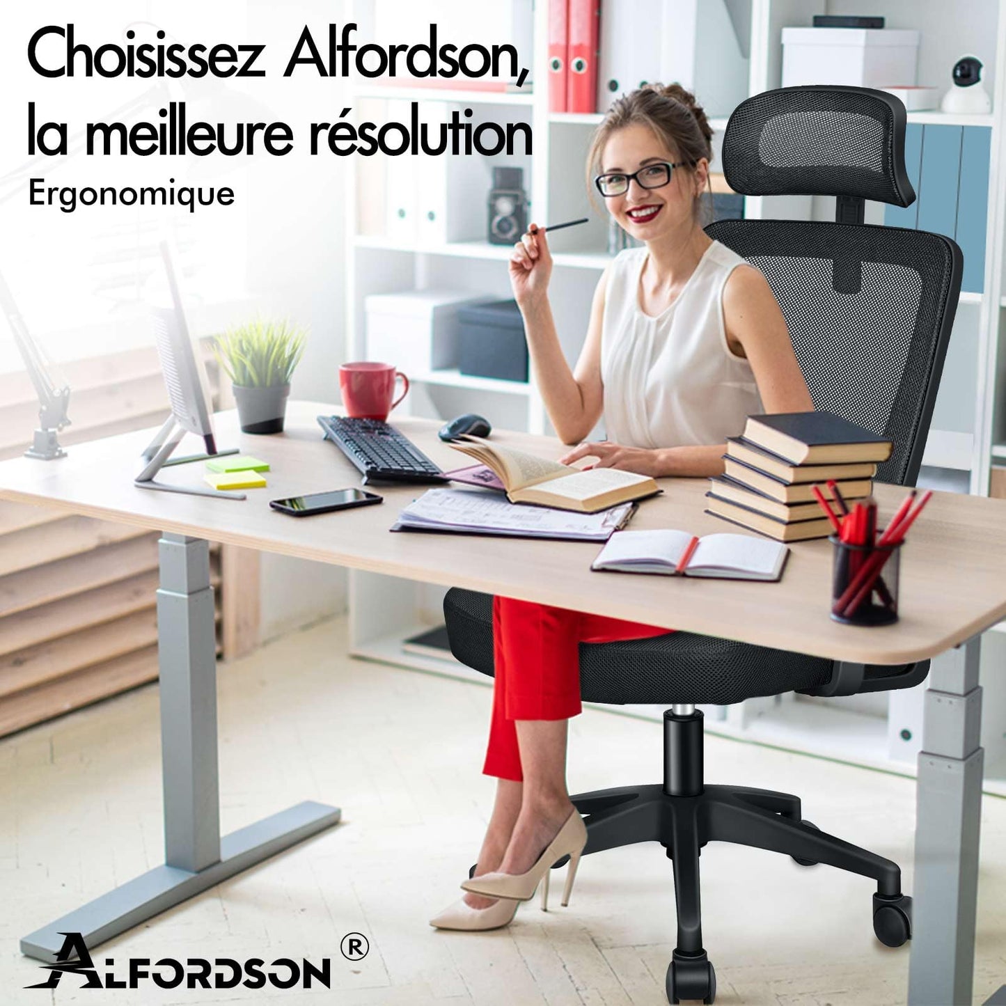 ALFORDSON Chaise de Bureau avec Support Lombaire pour Bureau à Domicile, Chaises D'ordinateur en Maille avec Appui-Tête, Accoudoir Rabattable, Chaise de Bureau Pivotante Inclinable, Noir