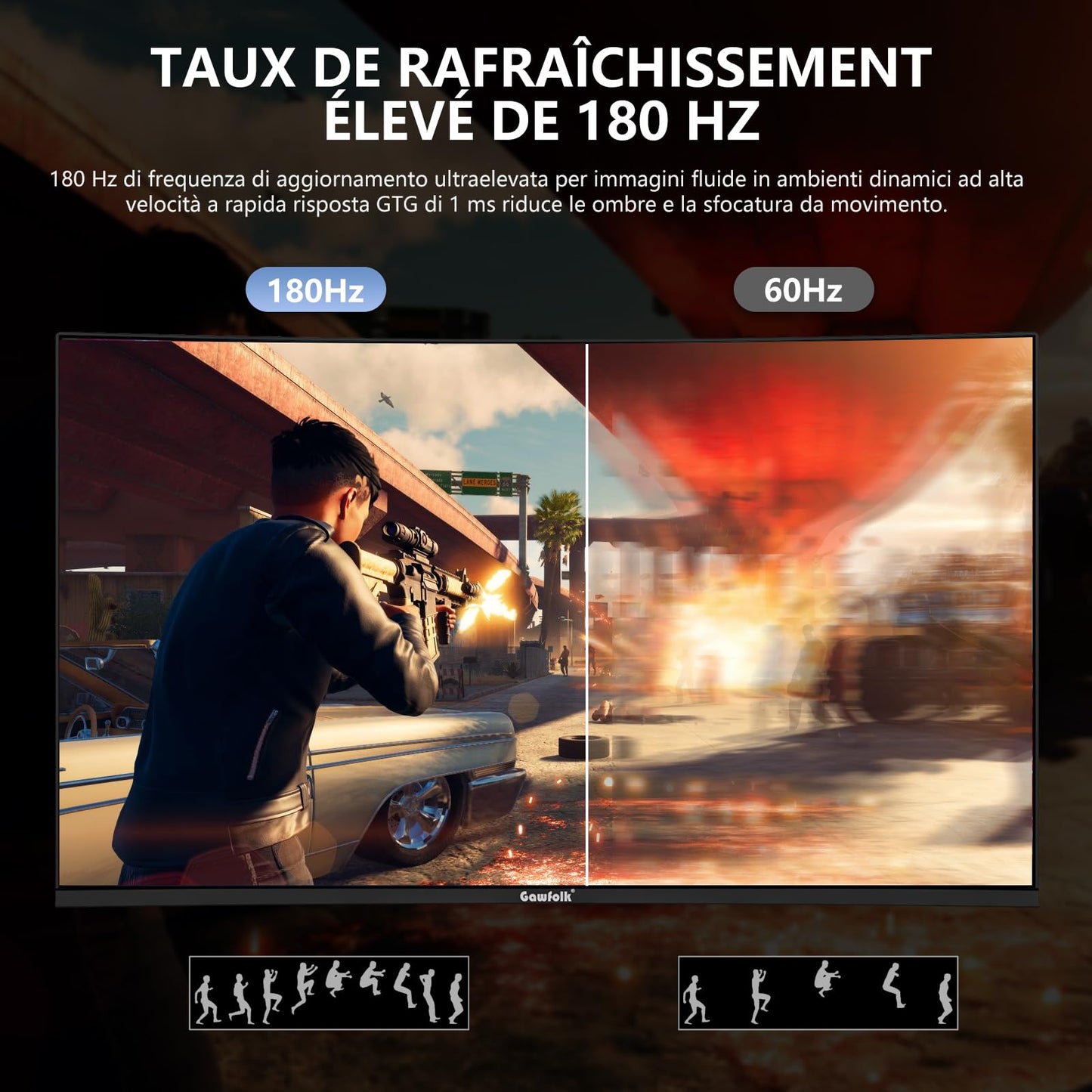Gawfolk Écran PC 24 Pouces incurvé Gaming Moniteur 180hz, fhd 1080p 1ms sans Lunette, freesync, 100% sRGB,178 ° Angle Vue HDMI DisplayPort, Compatible avec Mural VESA75*75MM - Noir
