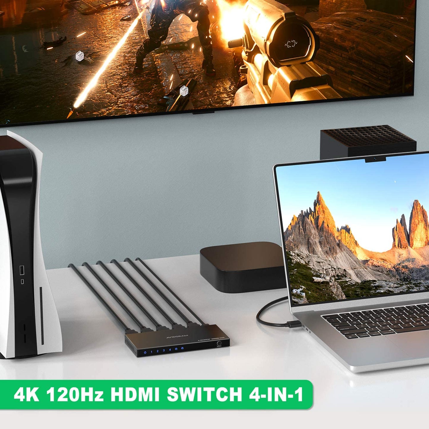 HDMI 2.1 Switch 8K 60Hz, AVIDGRAM HDMI Commutateur 4 entrées 1 Sortie avec IR télécommande, 4 Port 4K 120Hz Auto HDMI Selector Hub Support 8K 48Gbps pour Xbox Series X PS4 Pro PS5 UHD TV