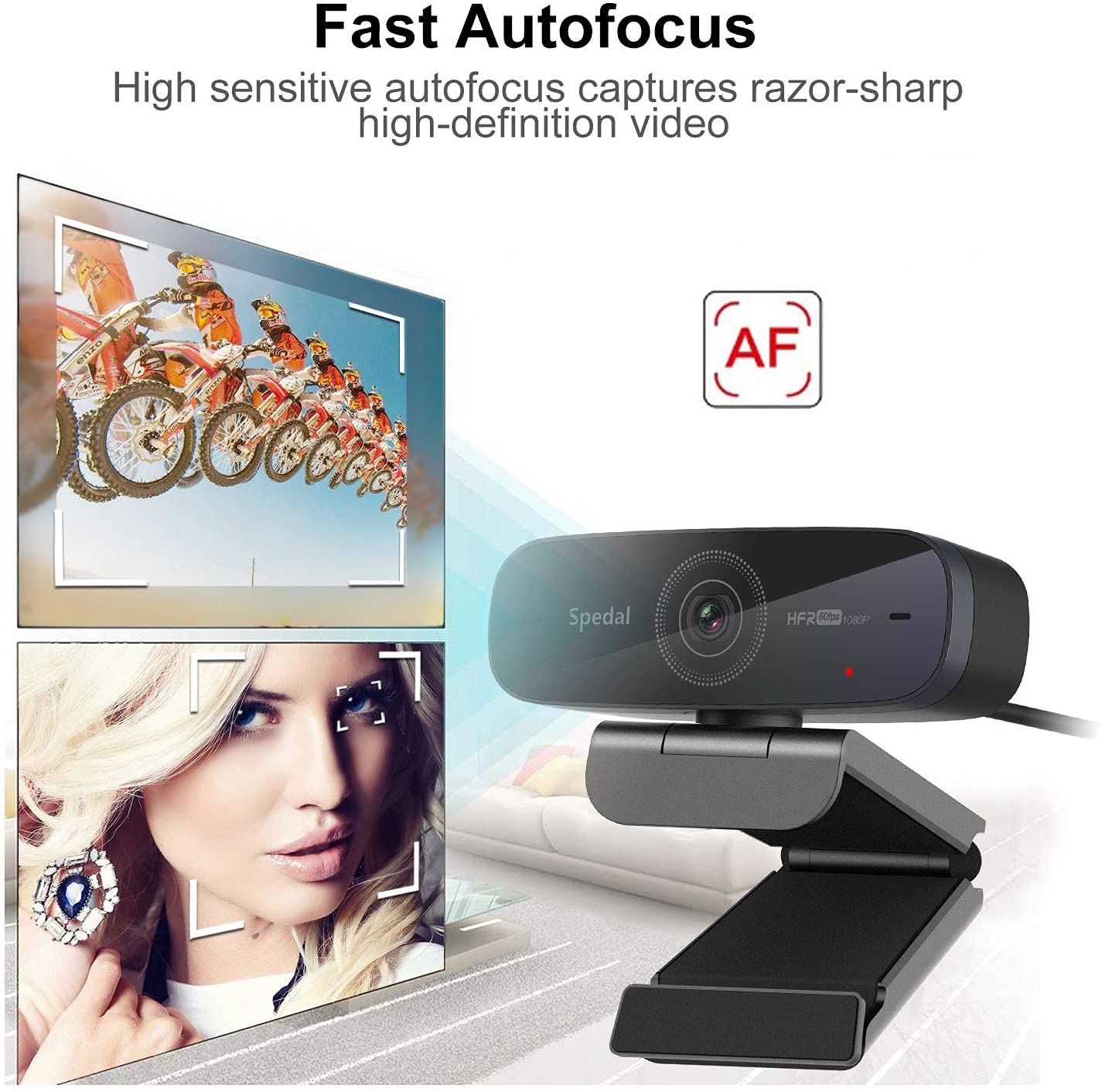 Spedal Webcam 1080P 60fps, Double Microphones Stéréo, Autofocus Live Streaming Caméra Web pour Skype Facebook OBS XSplit, Webcam Compatible avec Linux Mac OS Windows 10/8/7