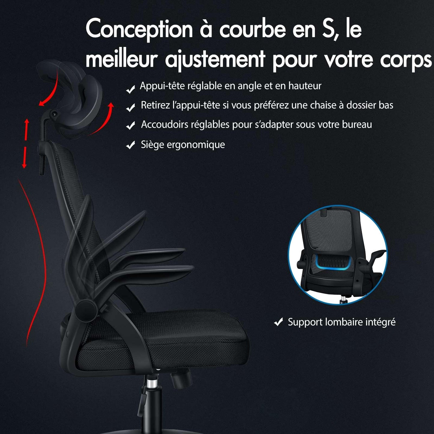 ALFORDSON Chaise de Bureau avec Support Lombaire pour Bureau à Domicile, Chaises D'ordinateur en Maille avec Appui-Tête, Accoudoir Rabattable, Chaise de Bureau Pivotante Inclinable, Noir