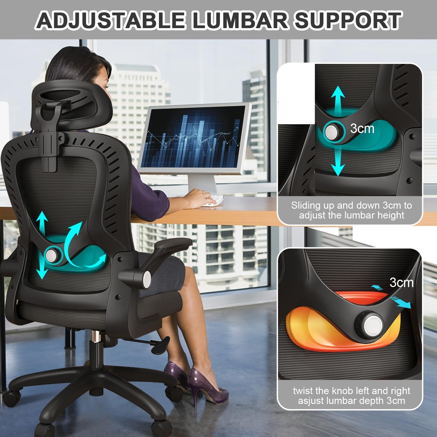 LEVIPE Chaise de Bureau - Ergonomique avec Support Lombaire, Accoudoirs, Appuie-tête réglables, Fauteuil d'ordinateur Pivotant à Haut Dossier Confortable pour Bureau à Domicile