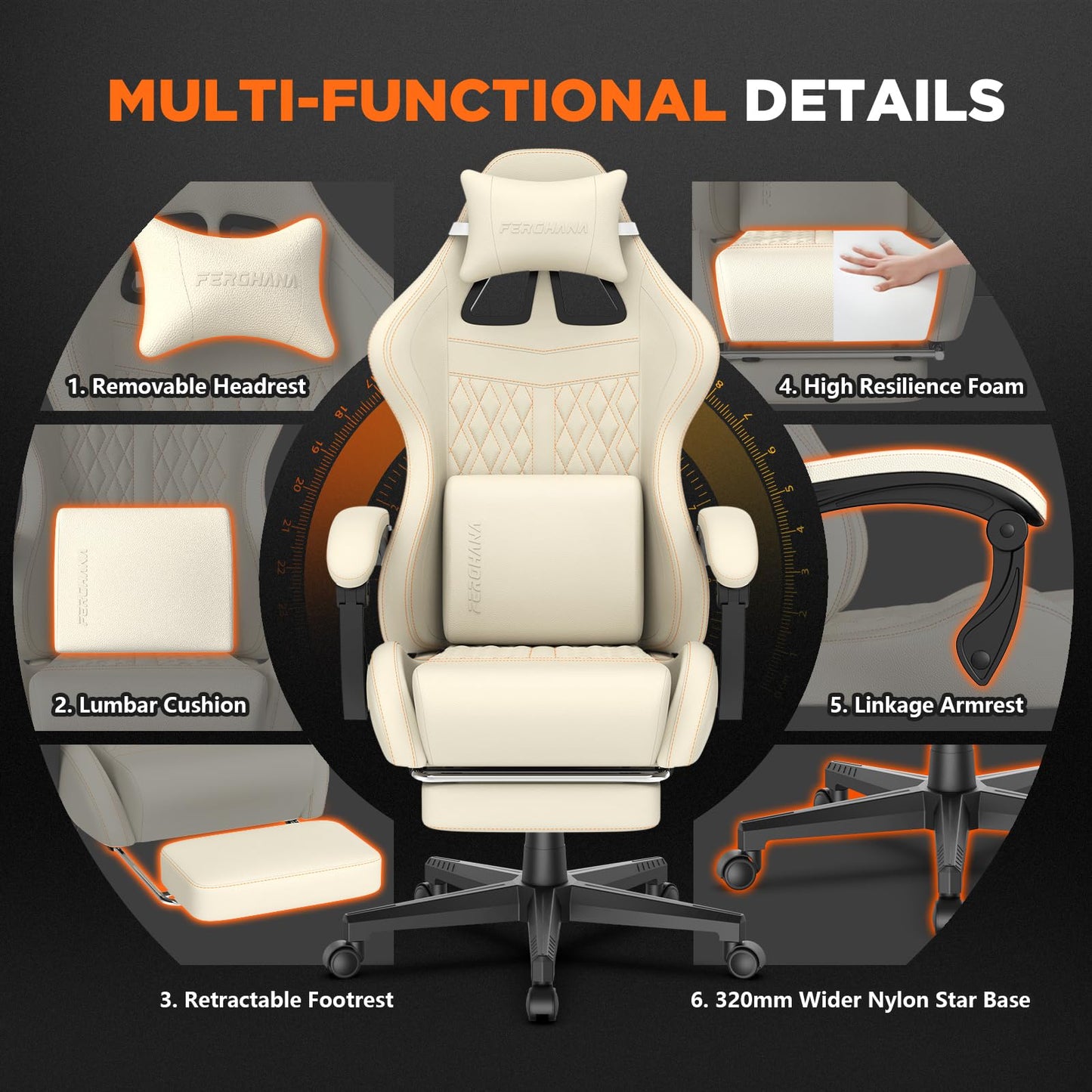 Ferghana Chaise Gaming Ergonomique,Fauteuil Gamer,Siège Bureau Gamer Chaise Bureau avec Réglable Appui-tête,Support Lombaire,Repose-Pied,Télescopiquetissu Respirant,Siege Gaming Racing,Blanc