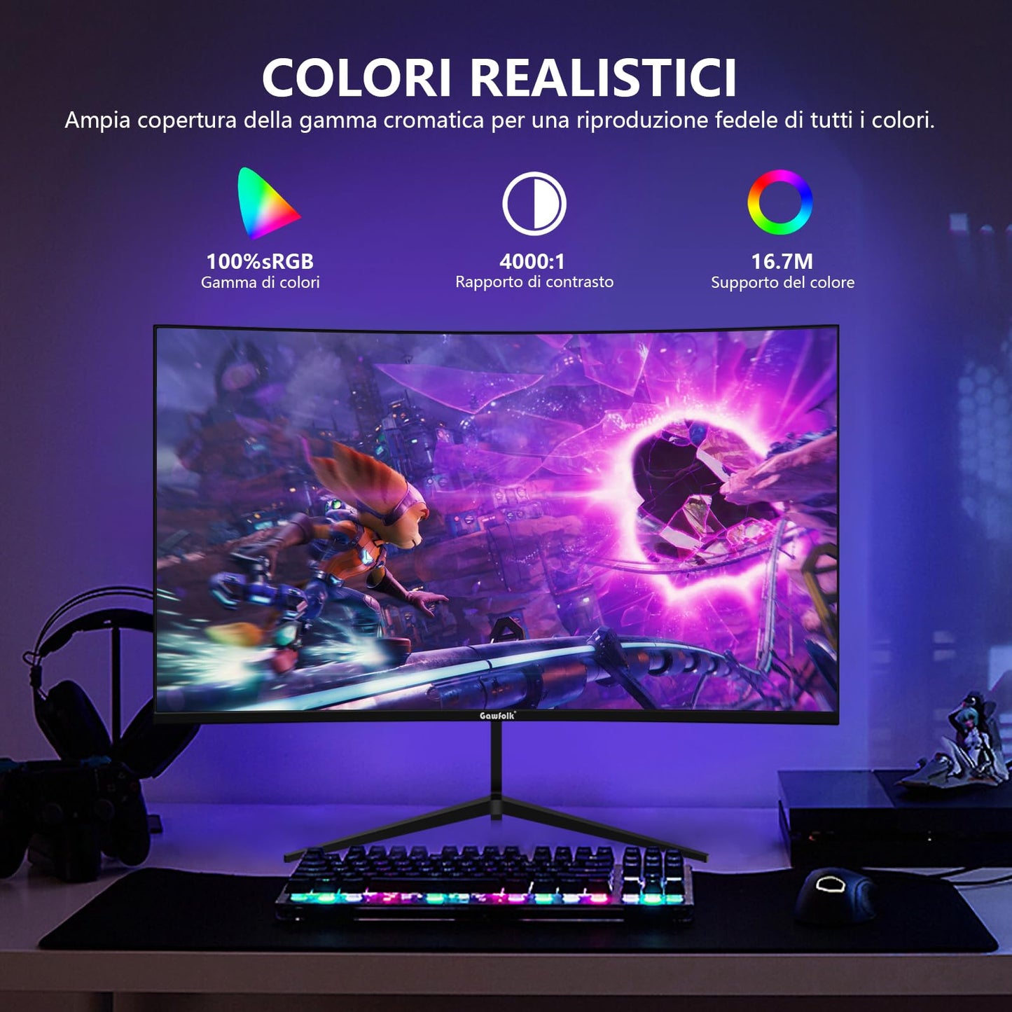 Gawfolk Écran PC 24 Pouces incurvé Gaming Moniteur 180hz, fhd 1080p 1ms sans Lunette, freesync, 100% sRGB,178 ° Angle Vue HDMI DisplayPort, Compatible avec Mural VESA75*75MM - Noir