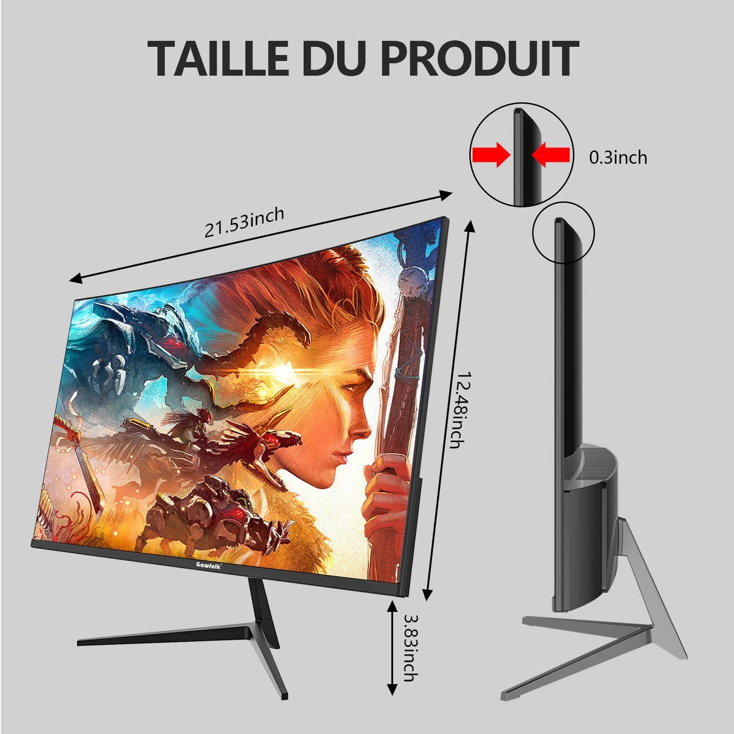 Gawfolk Écran PC 24 Pouces incurvé Gaming Moniteur 180hz, fhd 1080p 1ms sans Lunette, freesync, 100% sRGB,178 ° Angle Vue HDMI DisplayPort, Compatible avec Mural VESA75*75MM - Noir