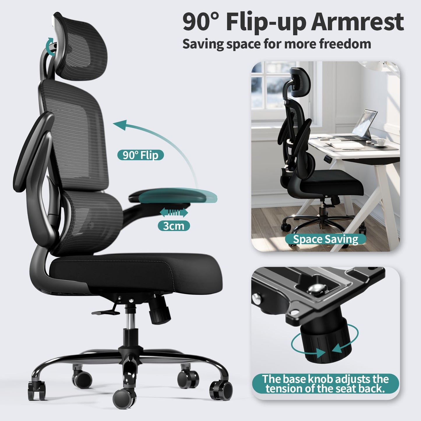TRALT Chaise de Bureau Ergonomique Mesh - Ordinateur de Bureau avec Roues, Hauteur Réglable, Pivotante, Chaise de Travail (Noir)