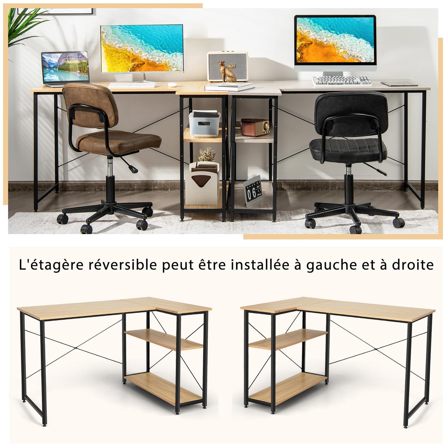 COSTWAY Bureau d'angle en Forme L Réversible, Poste de Travail avec Étagères de Rangement, Assemblage Facile, Peu Encombrant, pour Maison, Bureaux, 120 x 88 x 74,5 cm (Naturel)