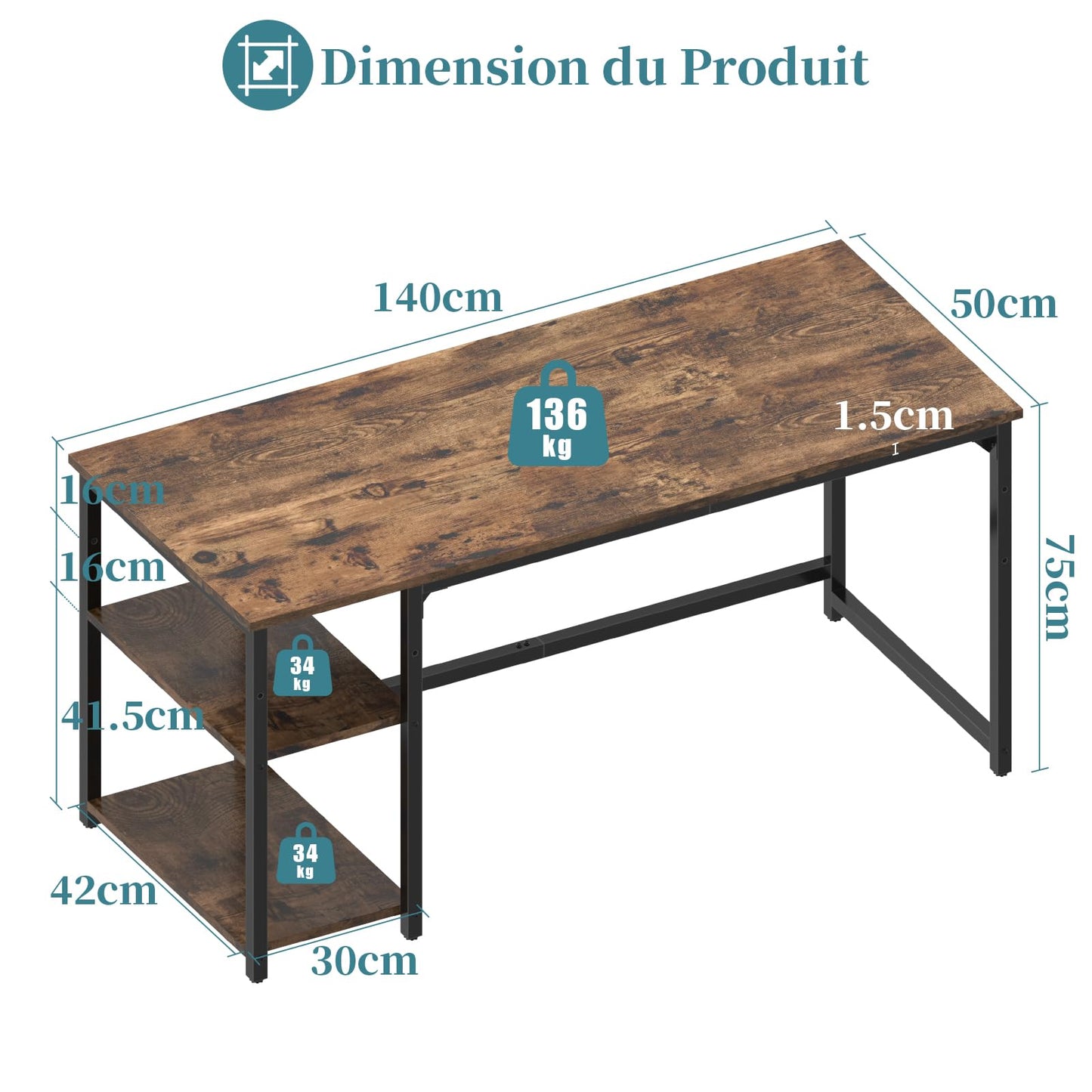 Airfish Bureau 140cm avec 2 Étagères Réglable, Petit Bureau d'Ordinateur Réversible à Gauche et à Droite, Postes de Travail Informatiques pour Domicile, Marron