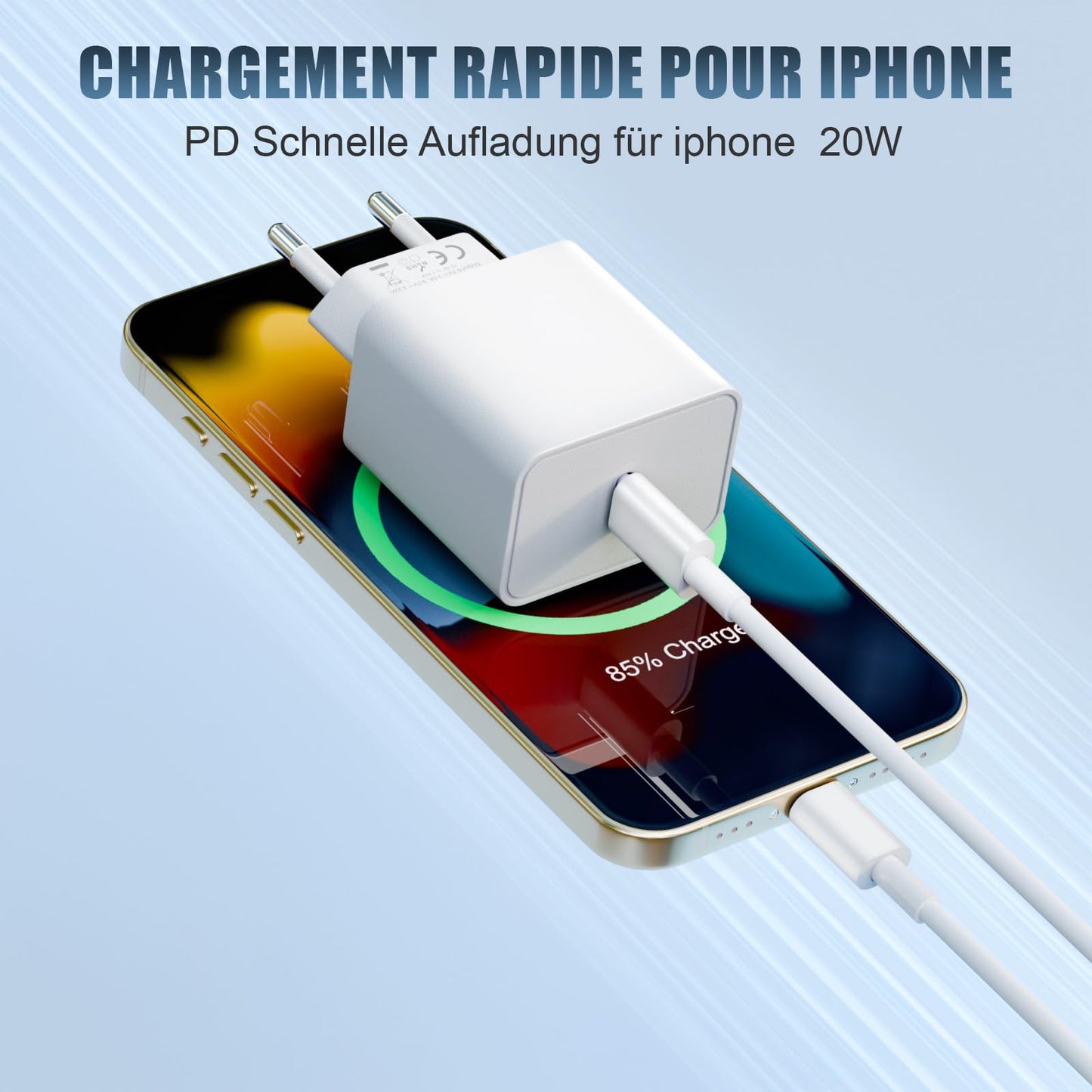 Lot de 2 pour Chargeur Rapide iPhone, 20W PD USB-C Prise Secteur avec 2m Câble USB C vers Lightning pour iPhone 14/14 pro/13/13 Pro/13 Pro Max/13 Min