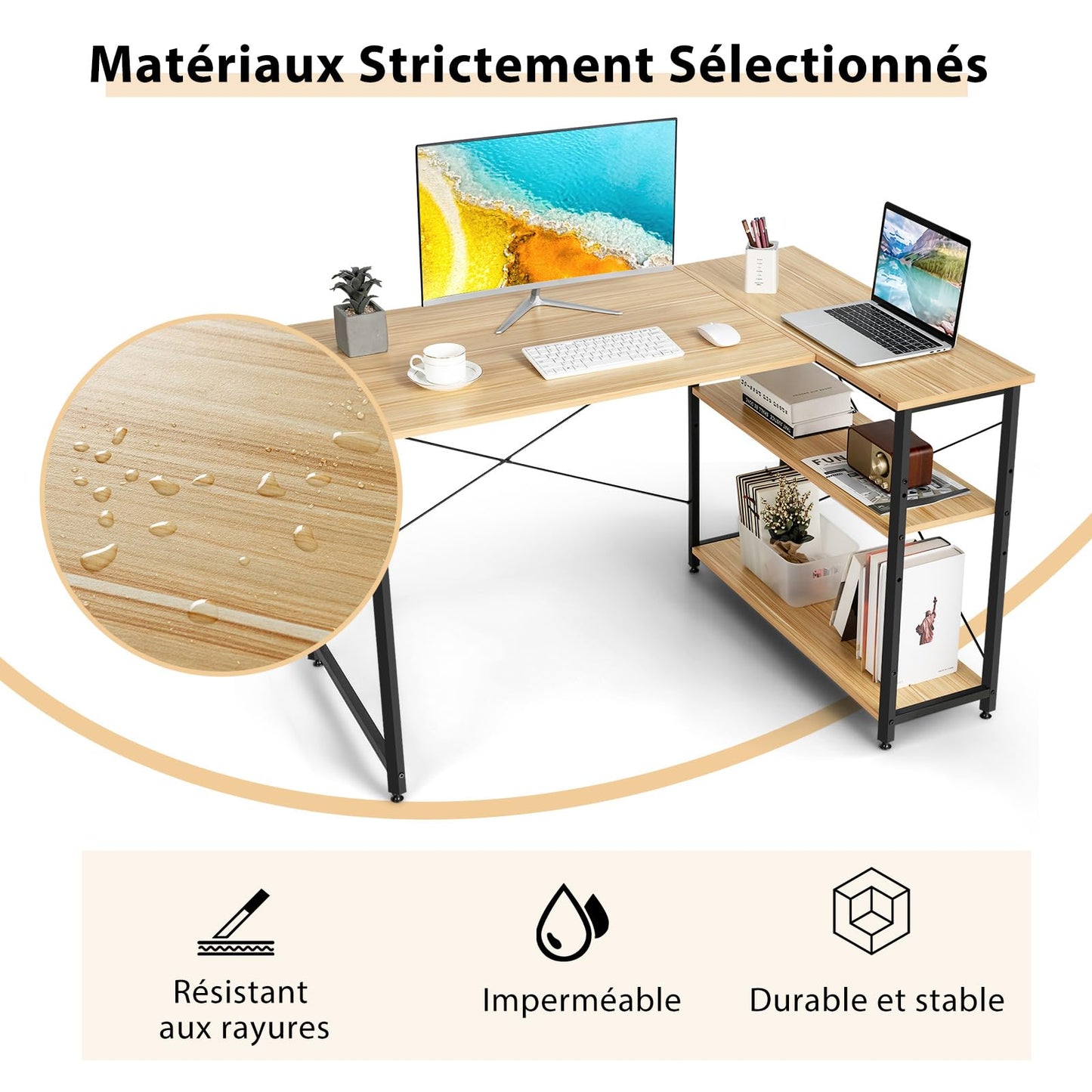 COSTWAY Bureau d'angle en Forme L Réversible, Poste de Travail avec Étagères de Rangement, Assemblage Facile, Peu Encombrant, pour Maison, Bureaux, 120 x 88 x 74,5 cm (Naturel)