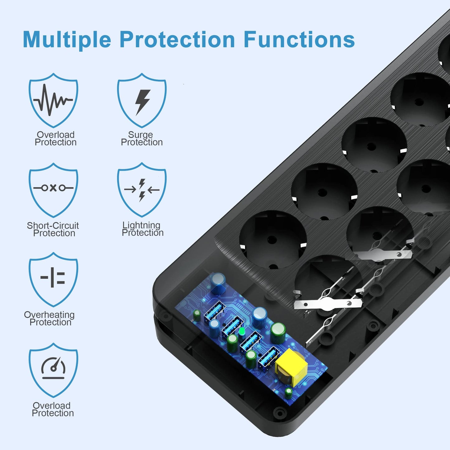 NVEESHOX Multiprise Electrique (16A/4000W), Multiprise 10 Prises avec 4 Ports USB, Bloc Multiprise Parafoudre et Surtension avec Interrupteur, Câble 5Mpour Maison Bureau,Noir