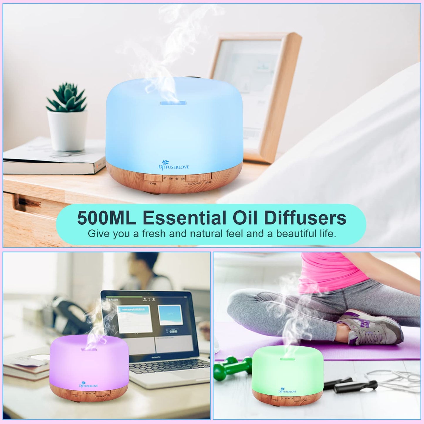 Diffuserlove Diffuseur d'Huiles Essentielles Electrique 500ML Télécommande Arômes Humidificateurs avec Design Muet, Minuterie et Arrêt Automatique sans Eau pour Bureau Salon, LED