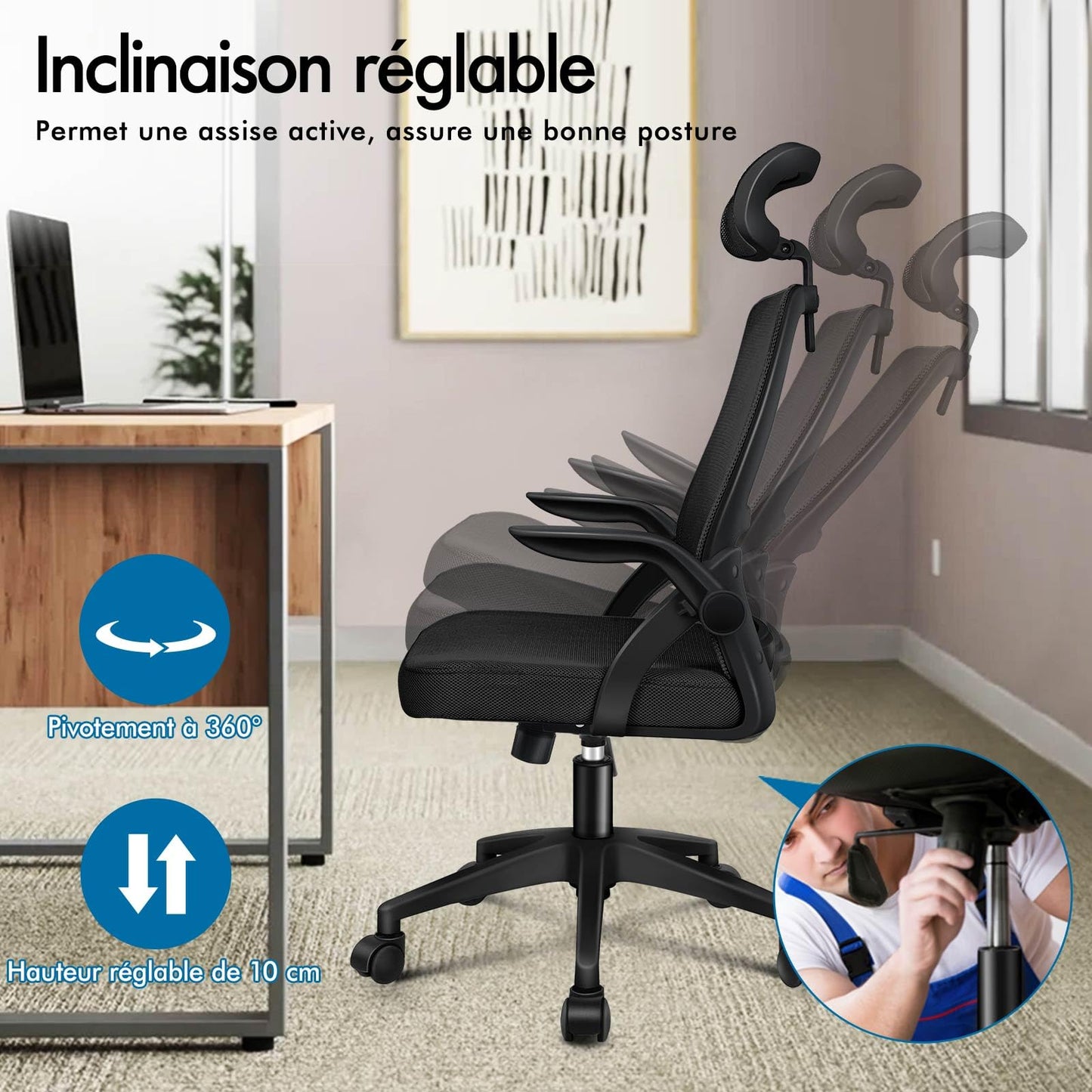 ALFORDSON Chaise de Bureau avec Support Lombaire pour Bureau à Domicile, Chaises D'ordinateur en Maille avec Appui-Tête, Accoudoir Rabattable, Chaise de Bureau Pivotante Inclinable, Noir