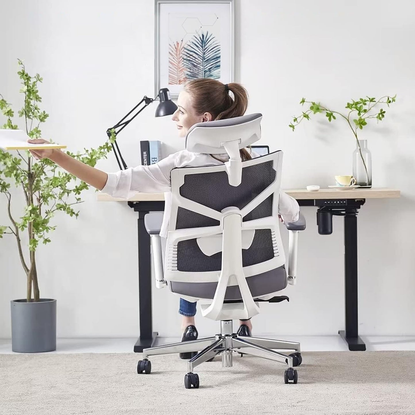 HOLLUDLE Ergonomic Office Chair with Adjustable Backrest, Computer Chair with 4D Armrests, Adjustable Seat Depth, Lumbar Support and 2D Headrest, Task Chair, White