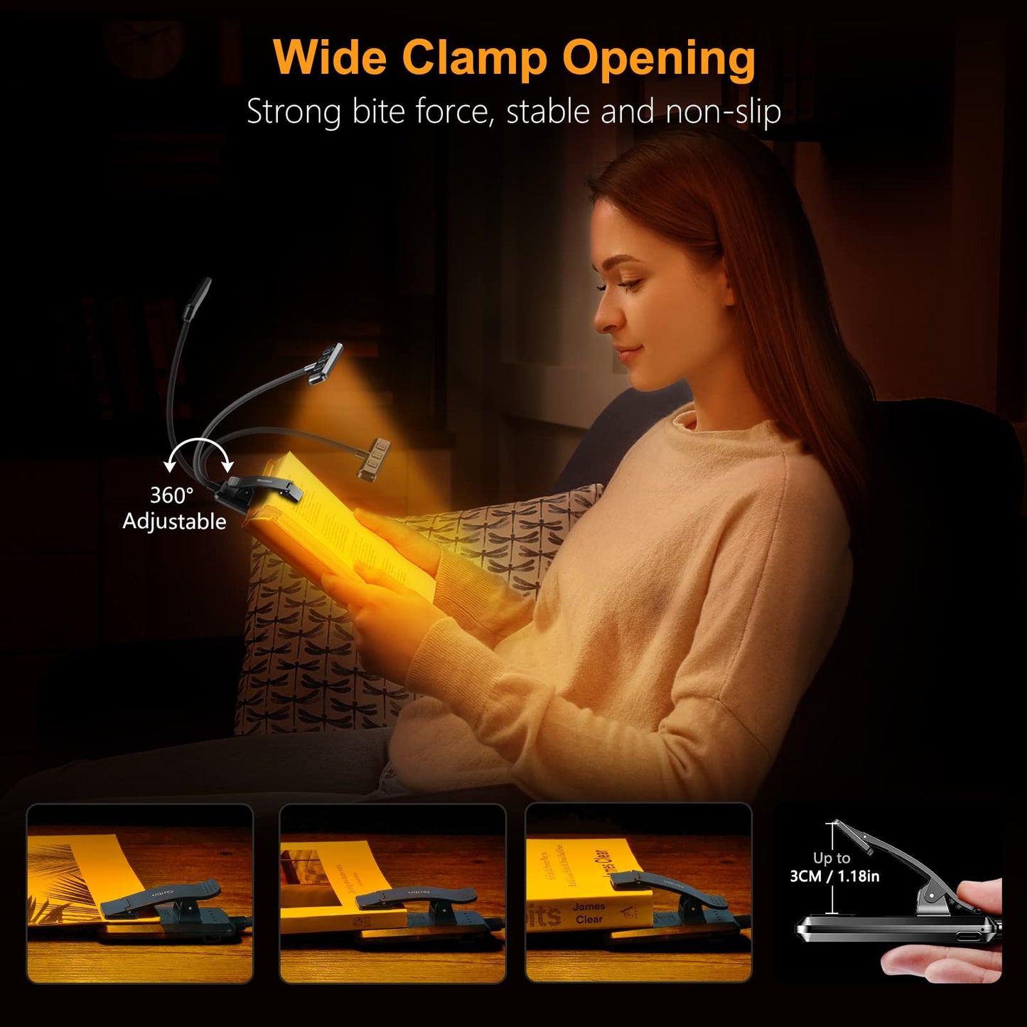 Gritin Lampe de Lecture 19 LED, Liseuse Clip Rechargeable, Protection des Yeux, Gradation en Continu & 3 Couleurs (Ambre/Blanc/Mixte), 360° Cou Flexible, Longue Durée, Portable pour Lire au Lit