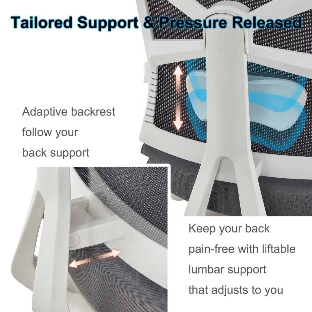 HOLLUDLE Ergonomic Office Chair with Adjustable Backrest, Computer Chair with 4D Armrests, Adjustable Seat Depth, Lumbar Support and 2D Headrest, Task Chair, White