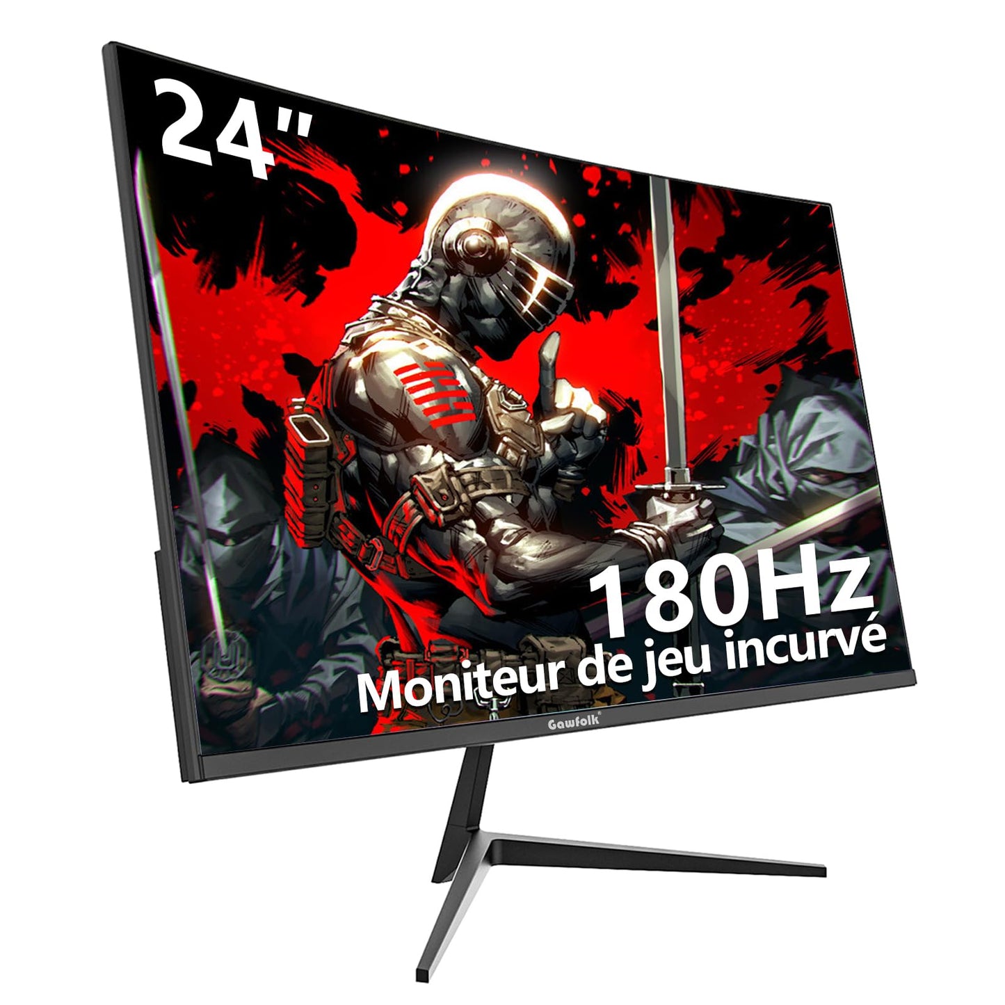 Gawfolk Écran PC 24 Pouces incurvé Gaming Moniteur 180hz, fhd 1080p 1ms sans Lunette, freesync, 100% sRGB,178 ° Angle Vue HDMI DisplayPort, Compatible avec Mural VESA75*75MM - Noir