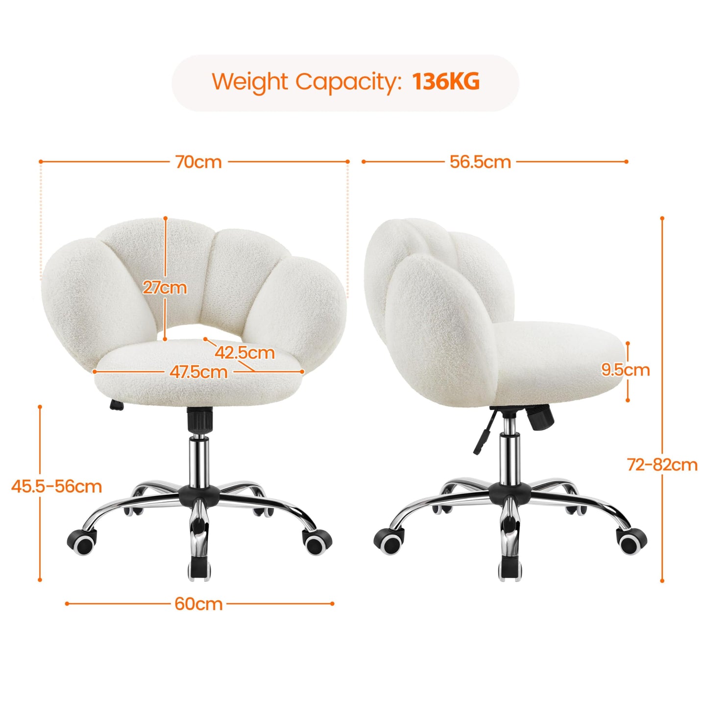 Yaheetech Office Chair, Ergonomic Swivel Chair, Cloud-Shaped Comfort Backrest, Height Adjustable, 136 kg Load, for Living Room Bedroom Office, White/Brown