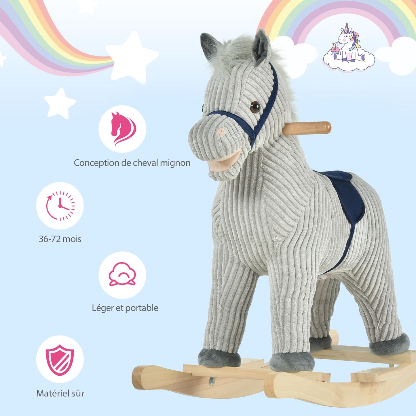 HOMCOM Cheval à Bascule pour Enfant, Jouet à Bascule en Peluche, en Forme de Cheval, à Effets sonores, avec poignées, pédale, pour 36-72 Mois, 73L x 35l x 64H cm, Gris et Blanc