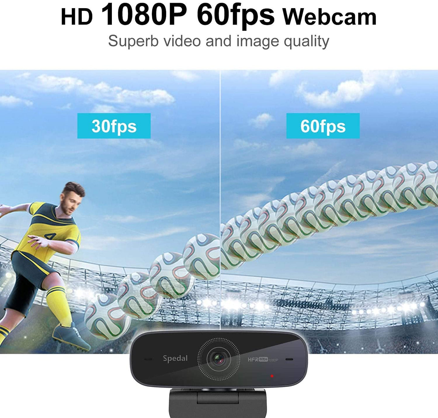 Spedal Webcam 1080P 60fps, Double Microphones Stéréo, Autofocus Live Streaming Caméra Web pour Skype Facebook OBS XSplit, Webcam Compatible avec Linux Mac OS Windows 10/8/7