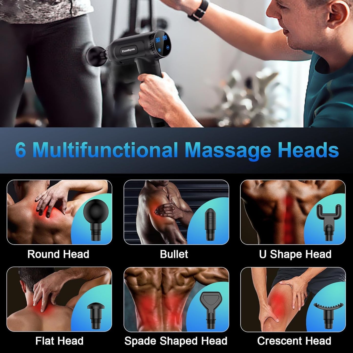 Pistolet de Massage Handheld Masseur Musculaire 30 Niveaux Réglables 6 Têtes de Massage Gun Super Silencieux LCD Masseur pour Récupération Relaxation Soulager Douleurs et Raideurs(Noir)