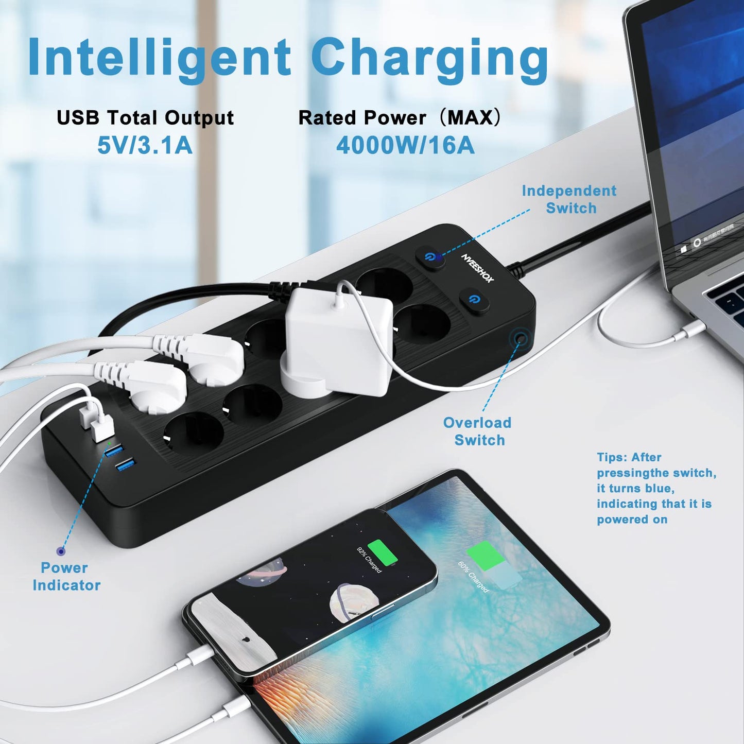 NVEESHOX Multiprise Electrique (16A/4000W), Multiprise 10 Prises avec 4 Ports USB, Bloc Multiprise Parafoudre et Surtension avec Interrupteur, Câble 5Mpour Maison Bureau,Noir