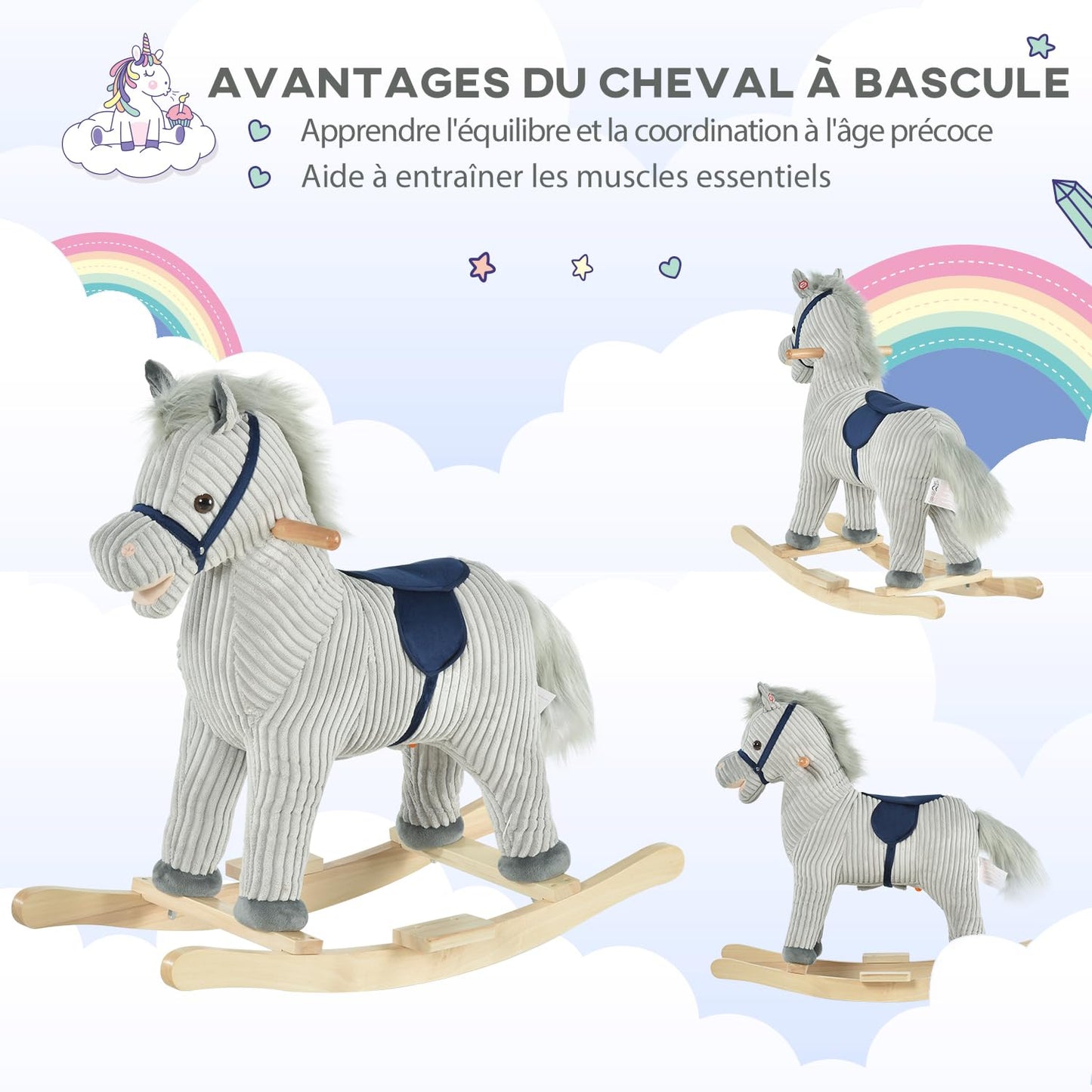 HOMCOM Cheval à Bascule pour Enfant, Jouet à Bascule en Peluche, en Forme de Cheval, à Effets sonores, avec poignées, pédale, pour 36-72 Mois, 73L x 35l x 64H cm, Gris et Blanc